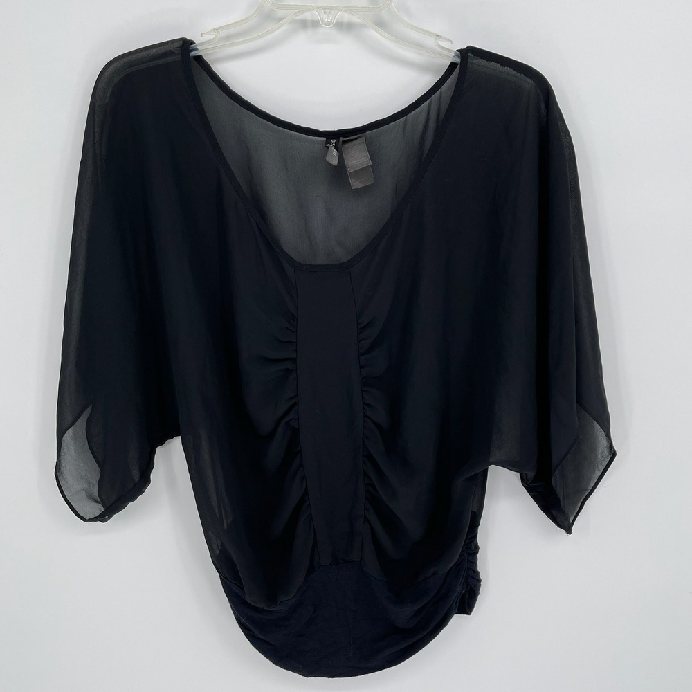 Bisou Bisou Women's Black Sheer Ruched Batwing Sleeve Blouse Size 6